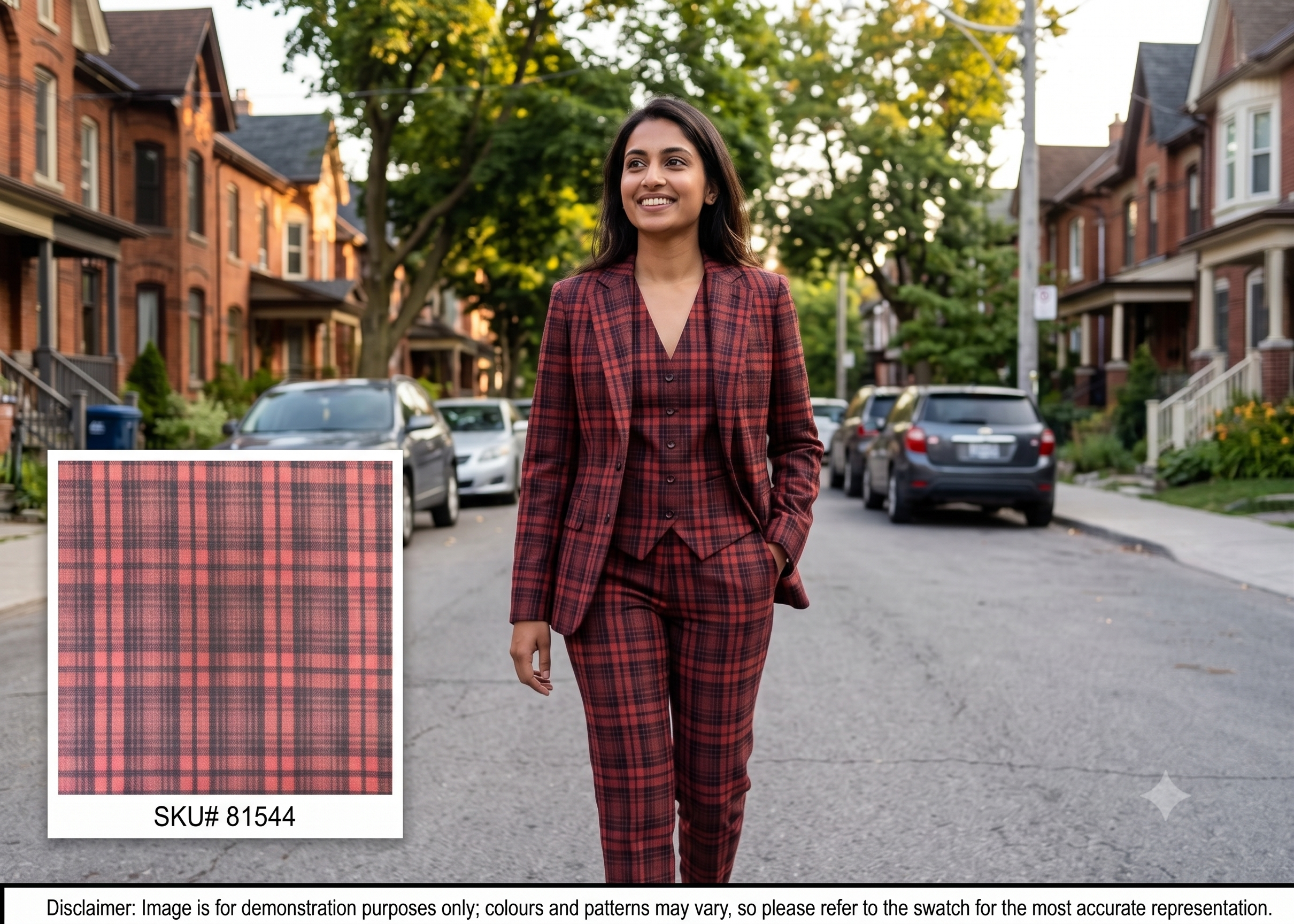Woman with Black Red Check Linen Wool Blazer Suiting