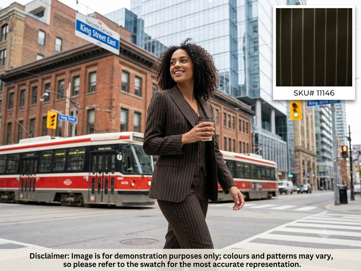 Woman with Blue Grey Stripe Worsted Wool Suiting