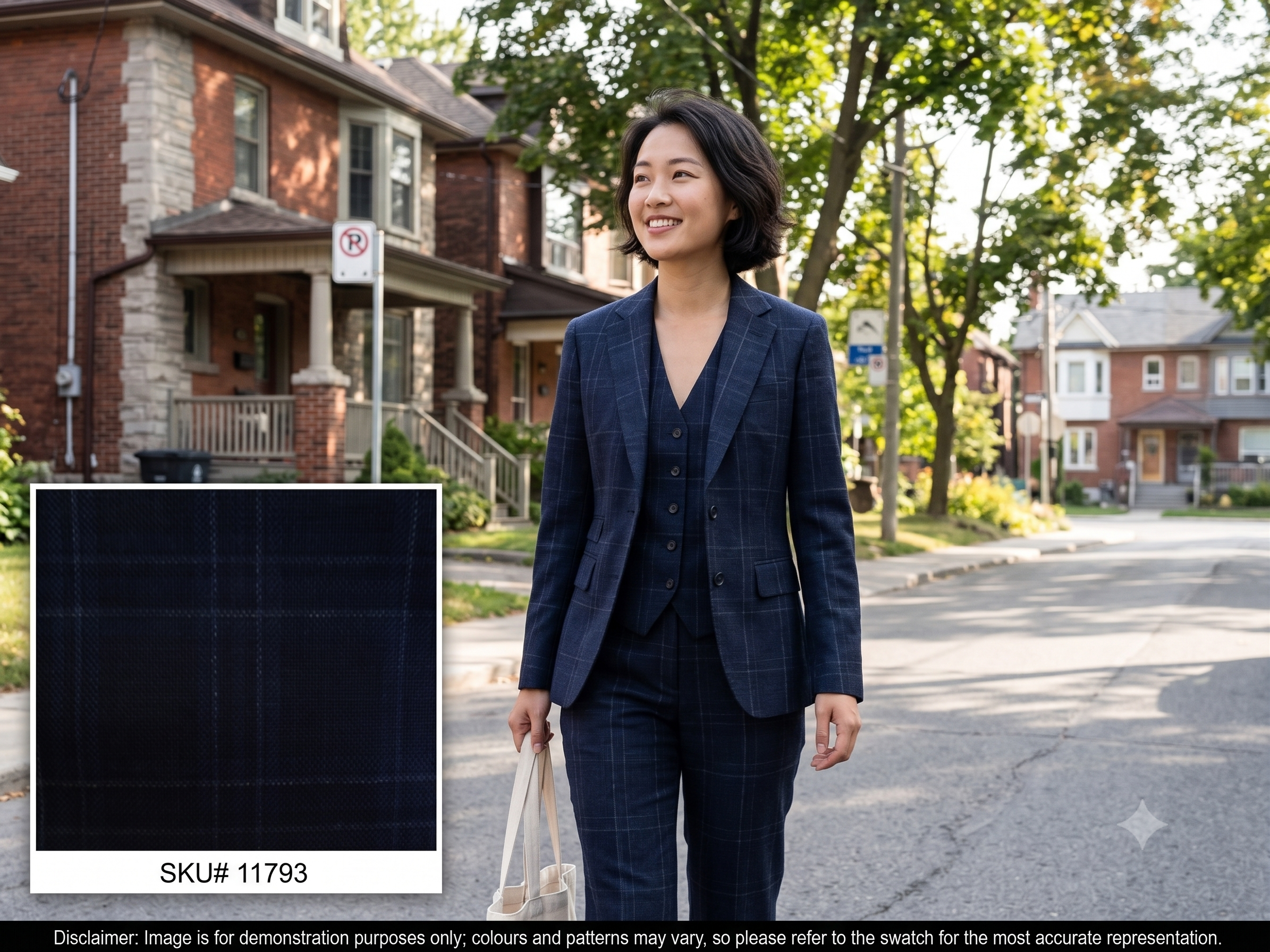 Woman with Blue Navy Check Linen Wool Suiting