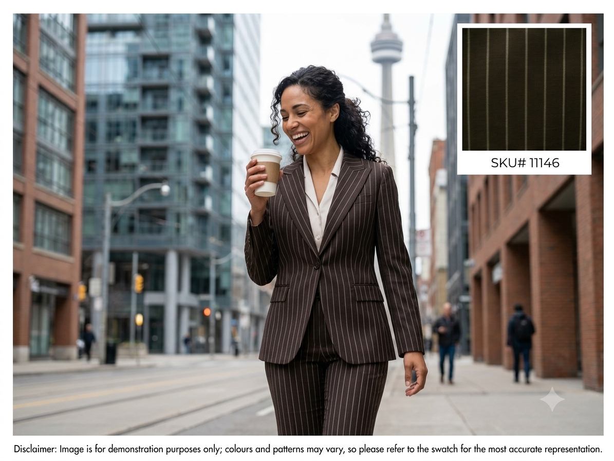 Woman with Brown White Stripe Worsted Wool Suiting