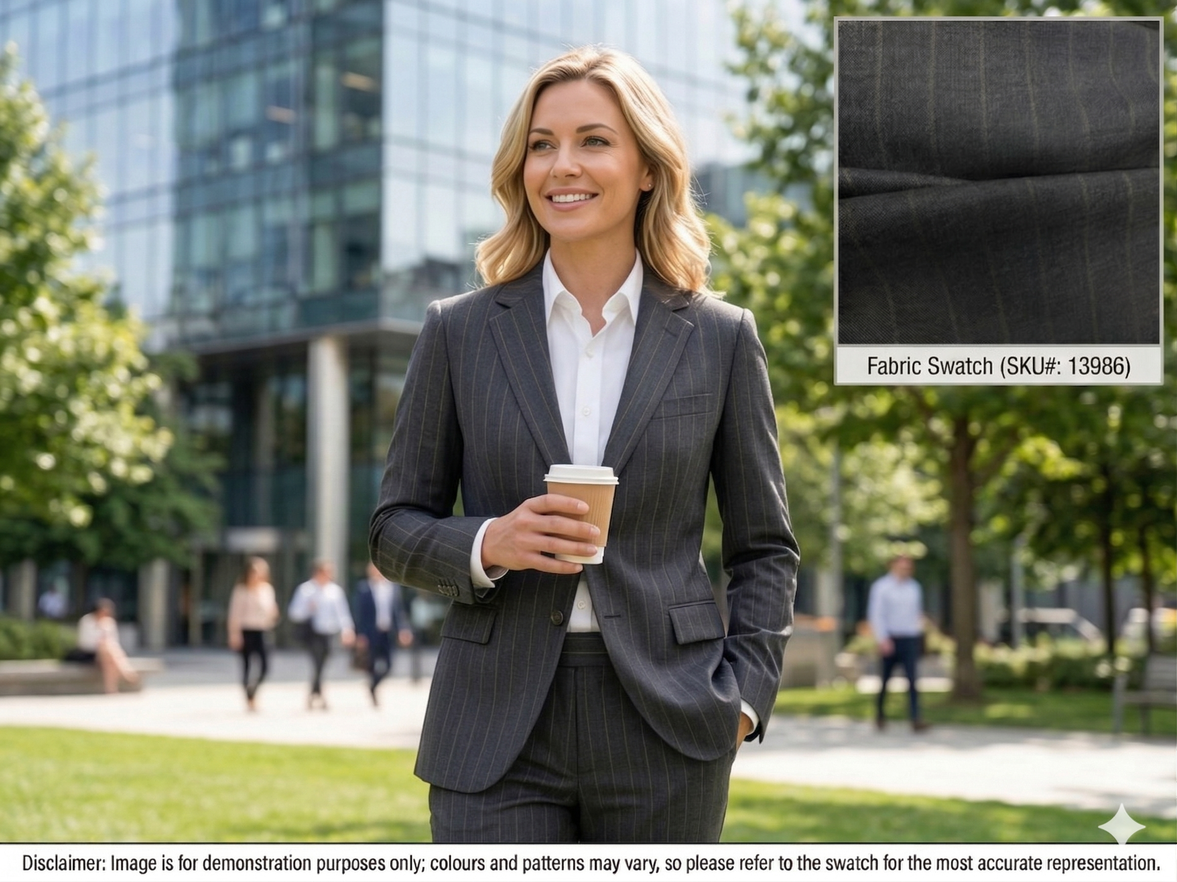 Woman with Charcoal Grey Beige Chalk Stripe Wool Suiting