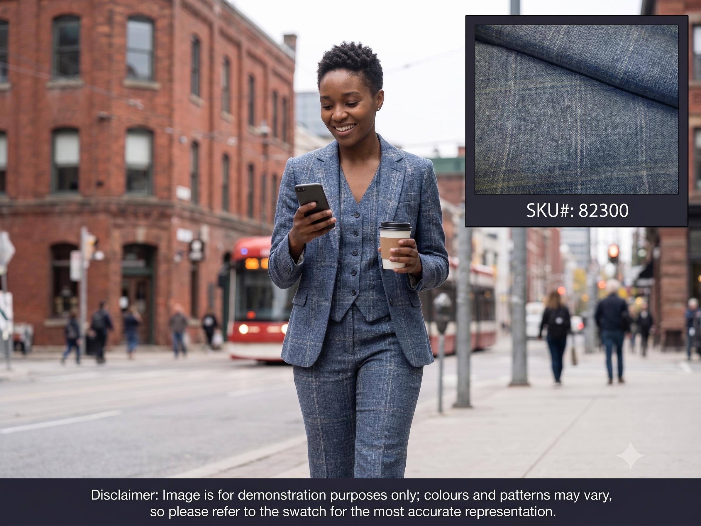 Woman with French Blue White Check Silk Blazer Suiting