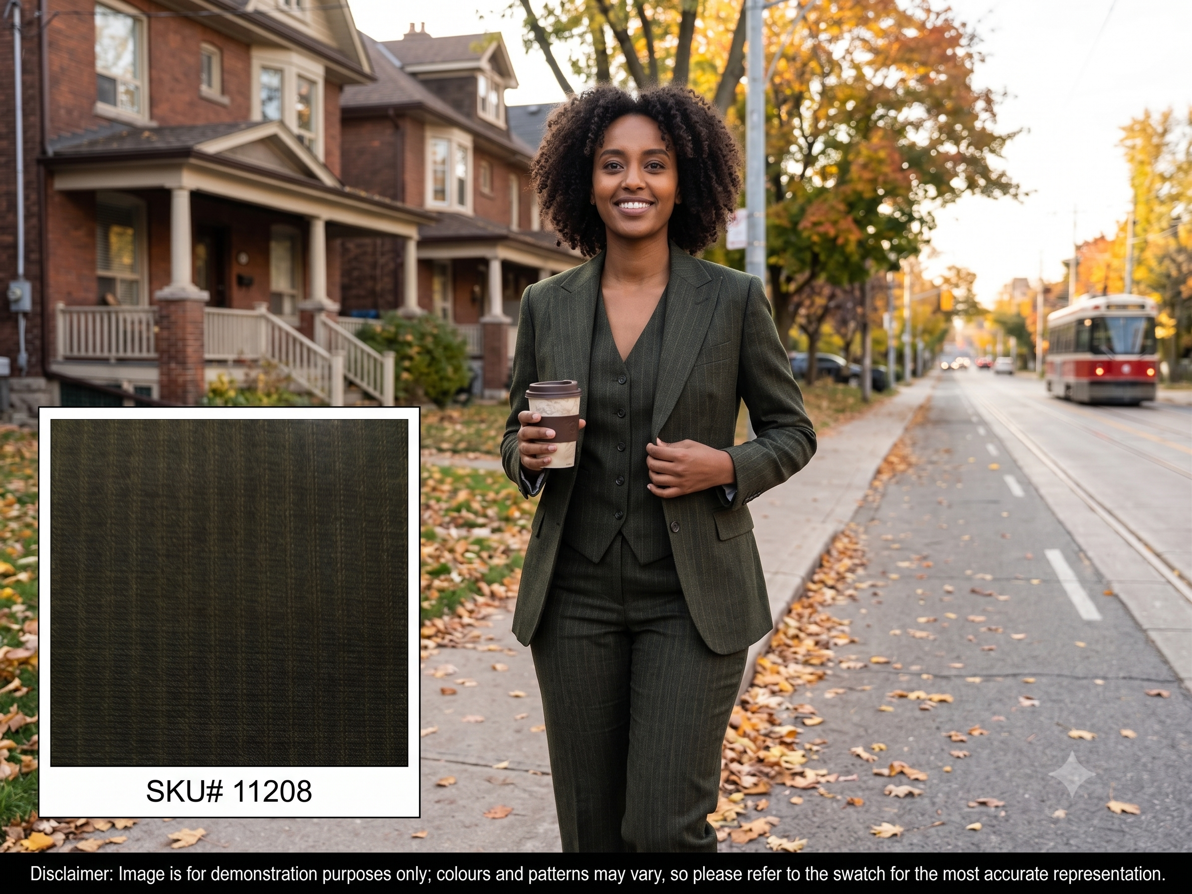 Woman with Green Taupe Stripe Wool Suiting