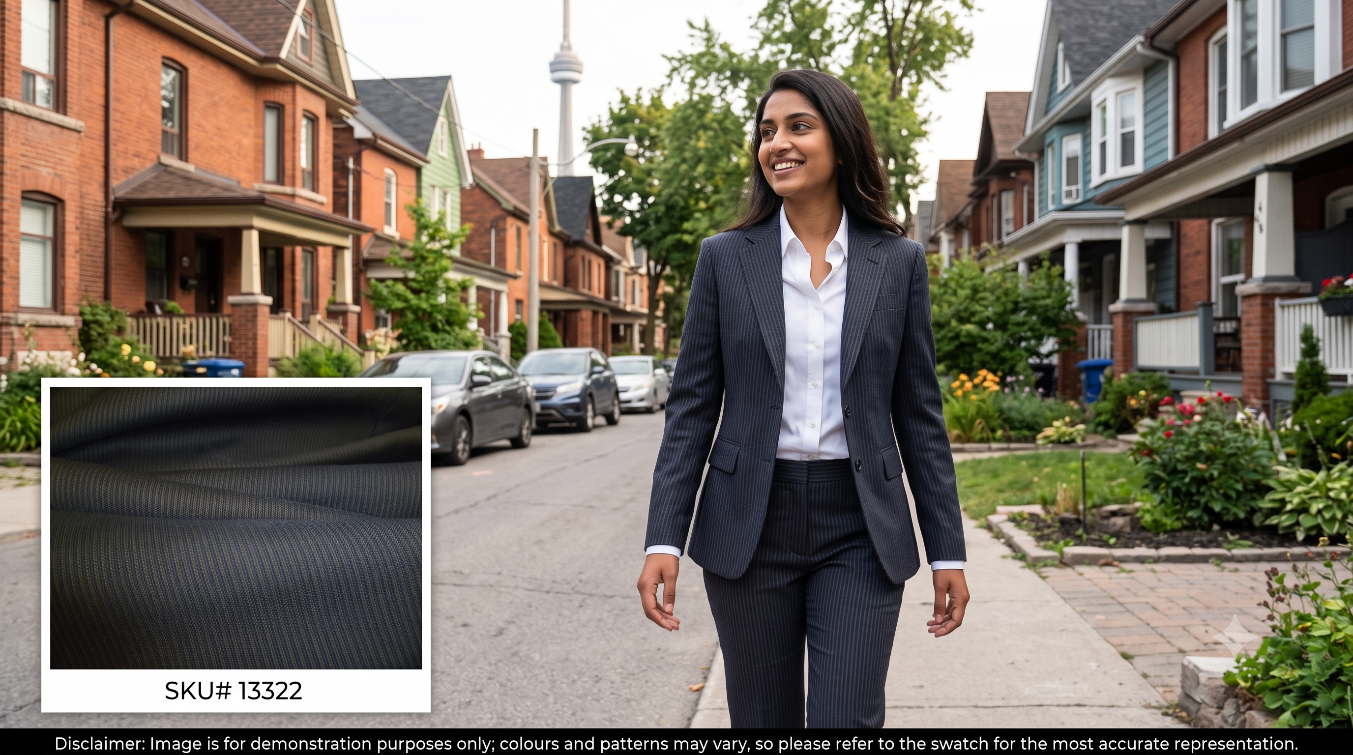 Woman with Grey Navy Fine Stripe Worsted Wool Suiting