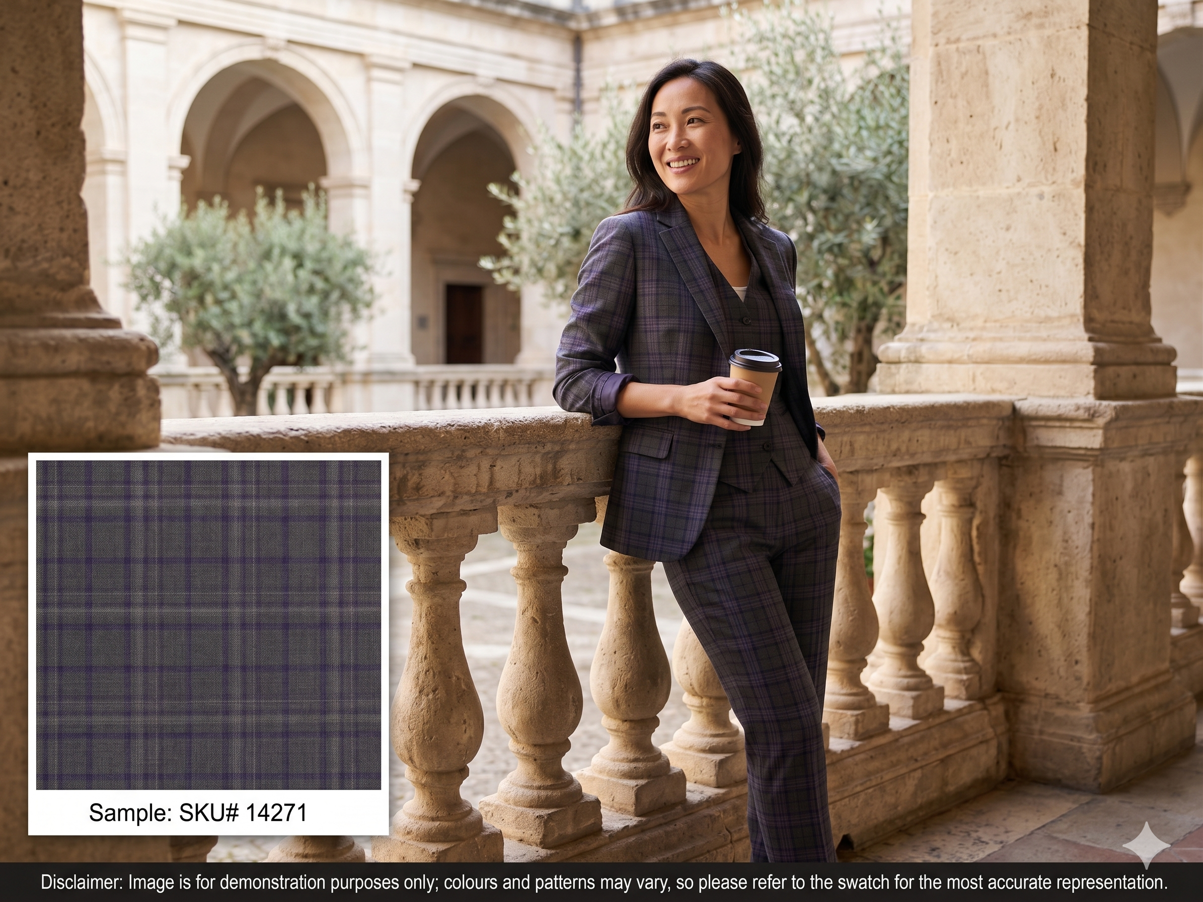 Woman with Grey Purple Plaid Worsted Wool Suiting