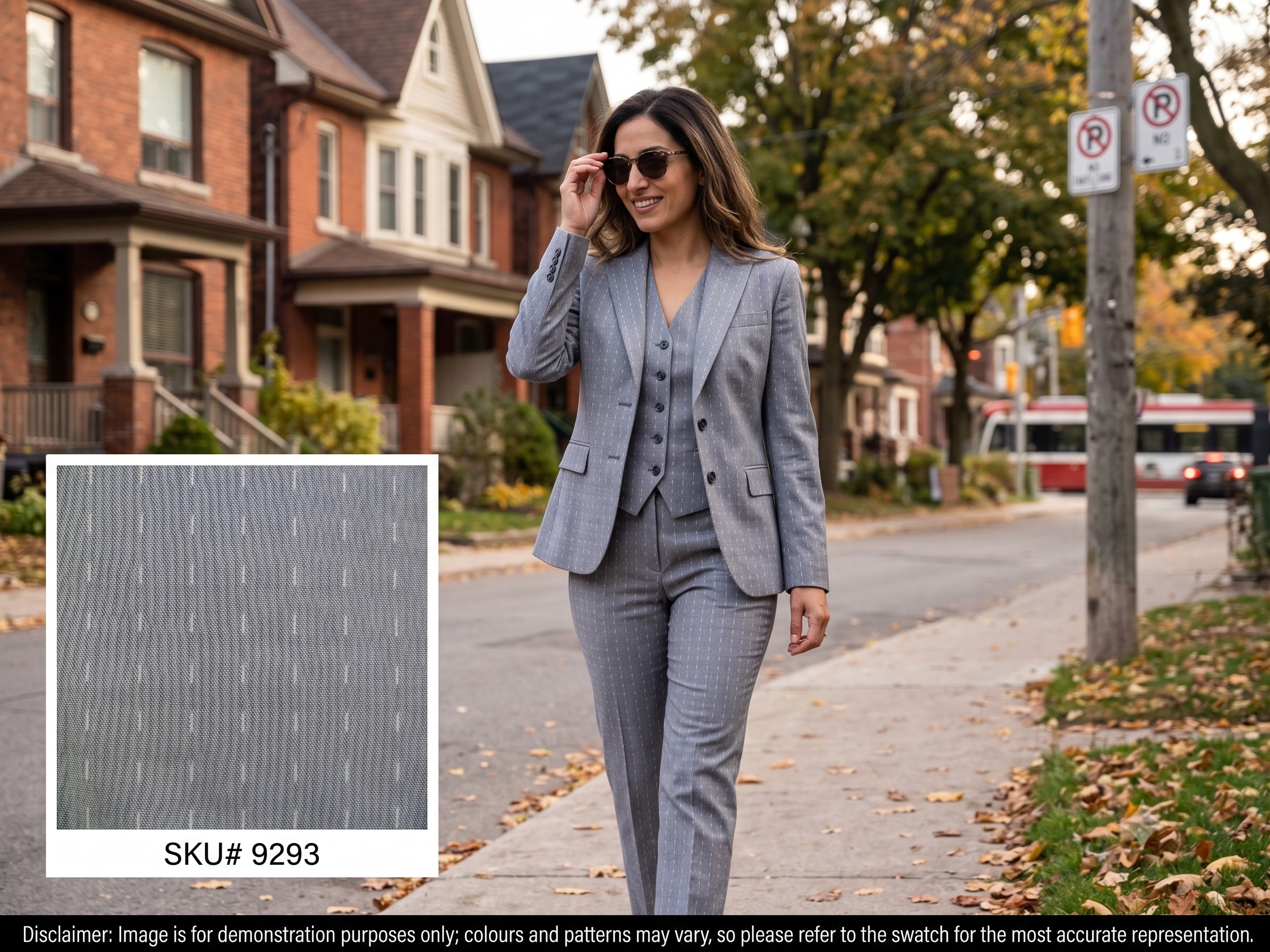 Woman with Grey Tonal Stripe Wool Suiting