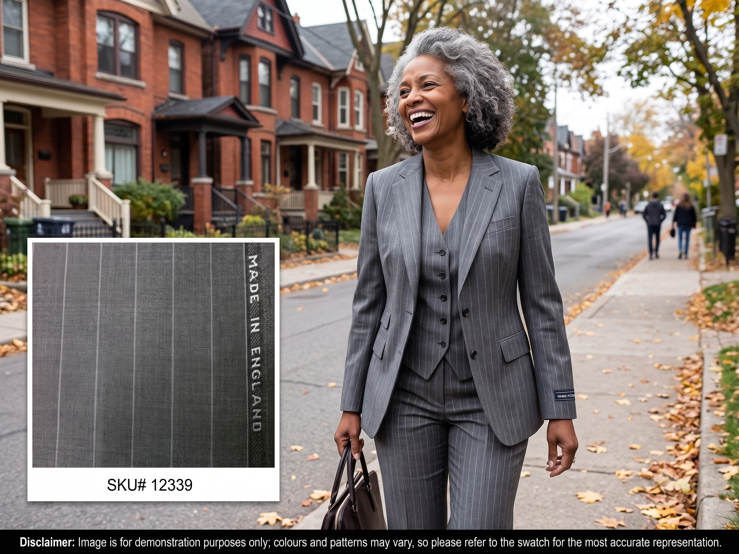 Woman with Grey White Chalk Stripe Worsted Wool Suiting