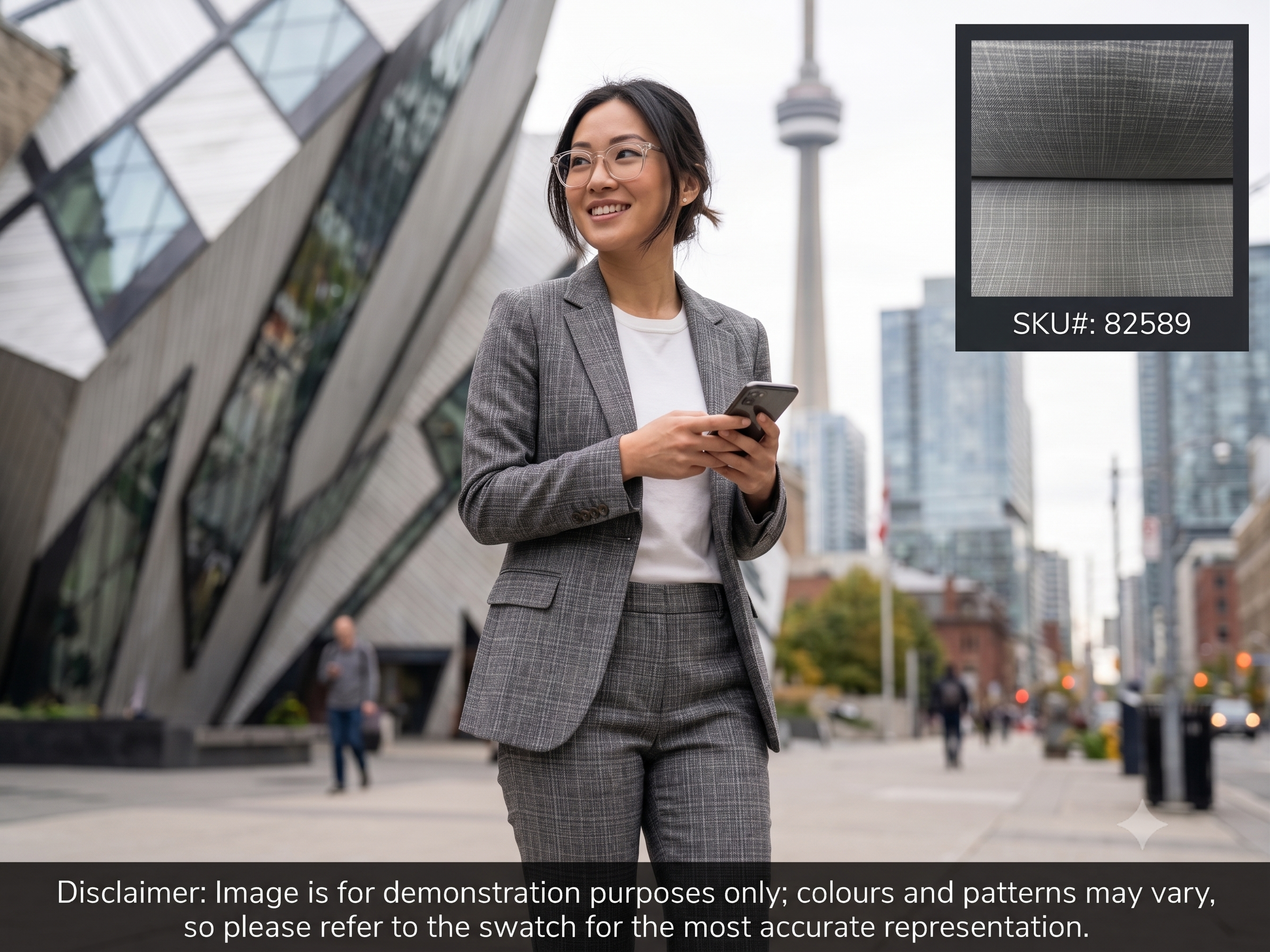 Woman with Grey White Check Silk Linen Wool Suiting