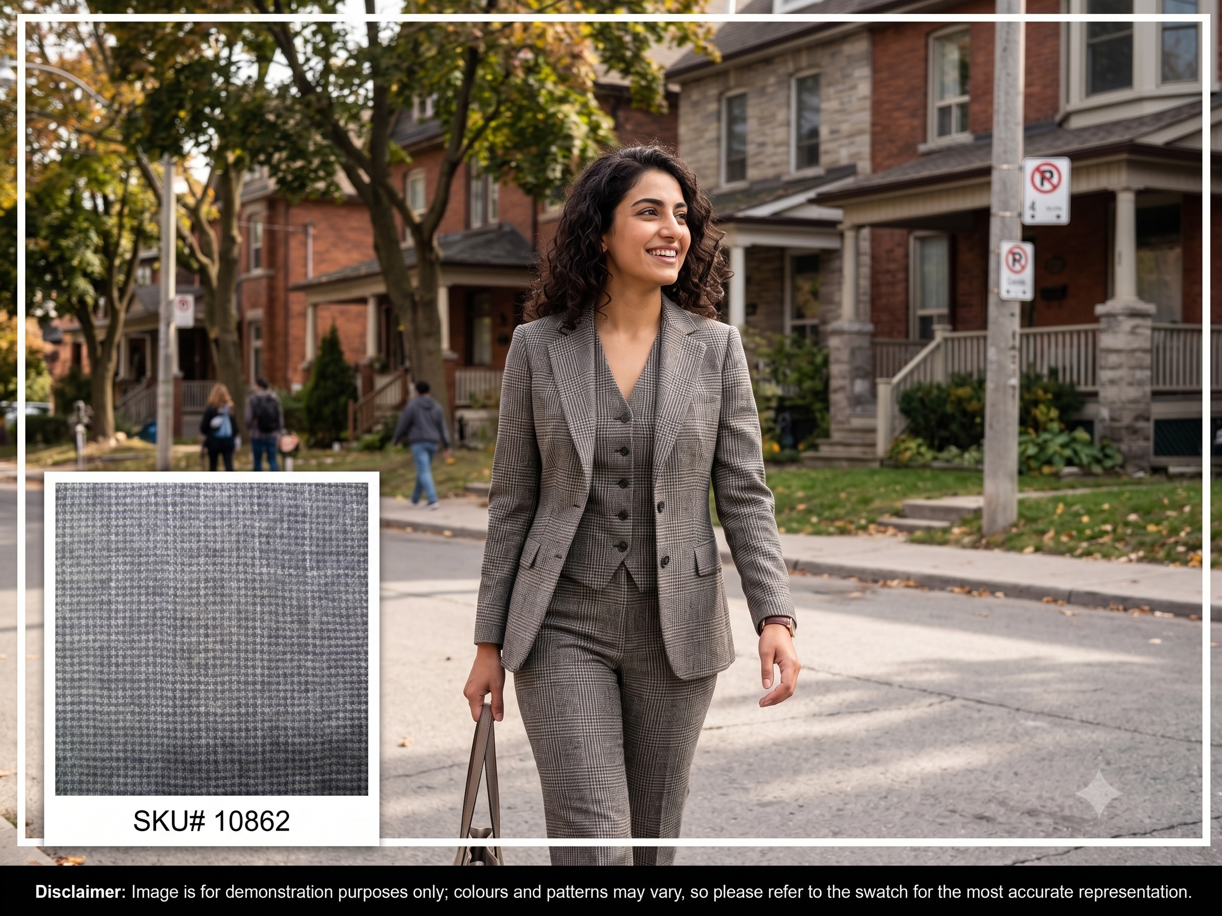 Woman with Grey White Check Wool Suiting