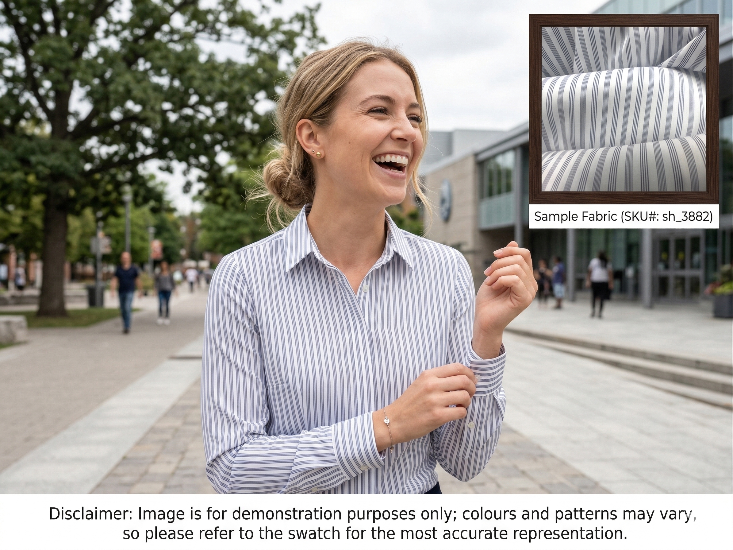 Woman with Navy White Bengal Stripe Cotton Shirting