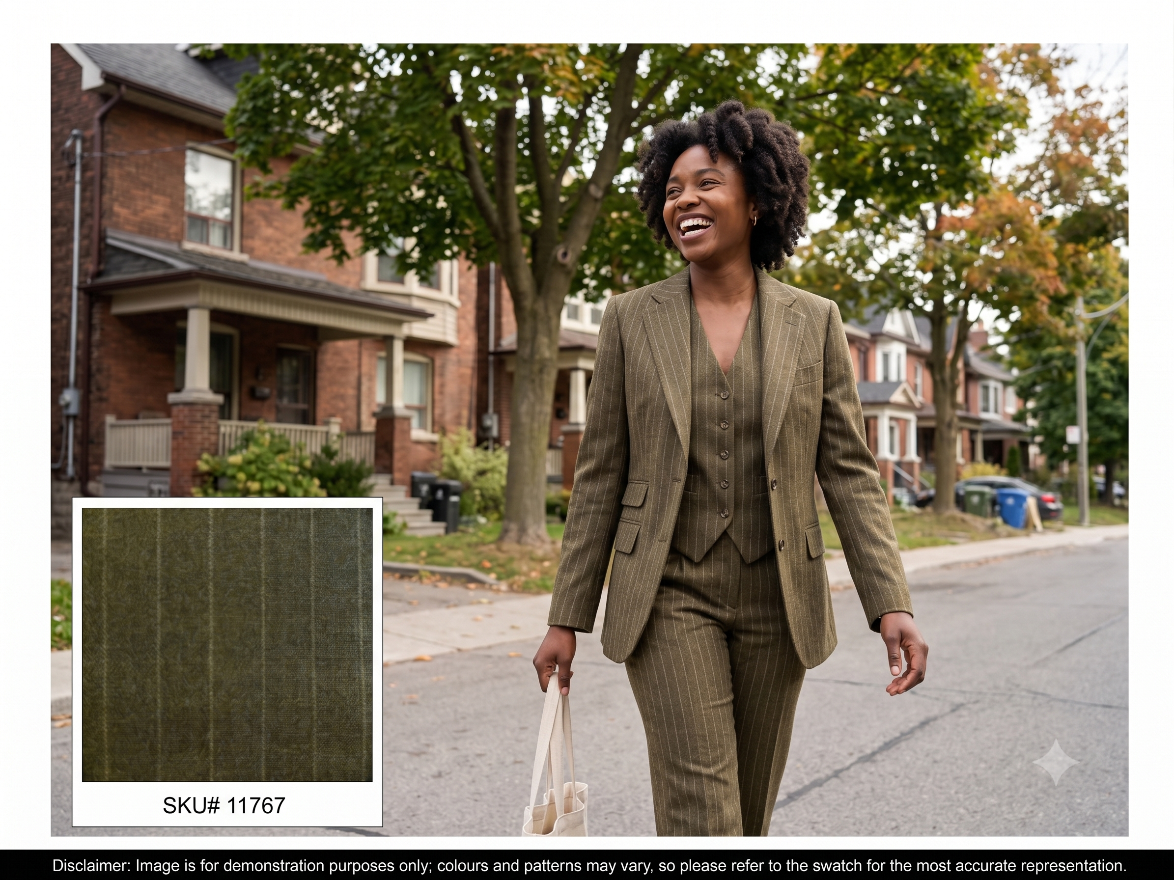 Woman with Olive Green Beige Stripe Wool Blazer Suiting