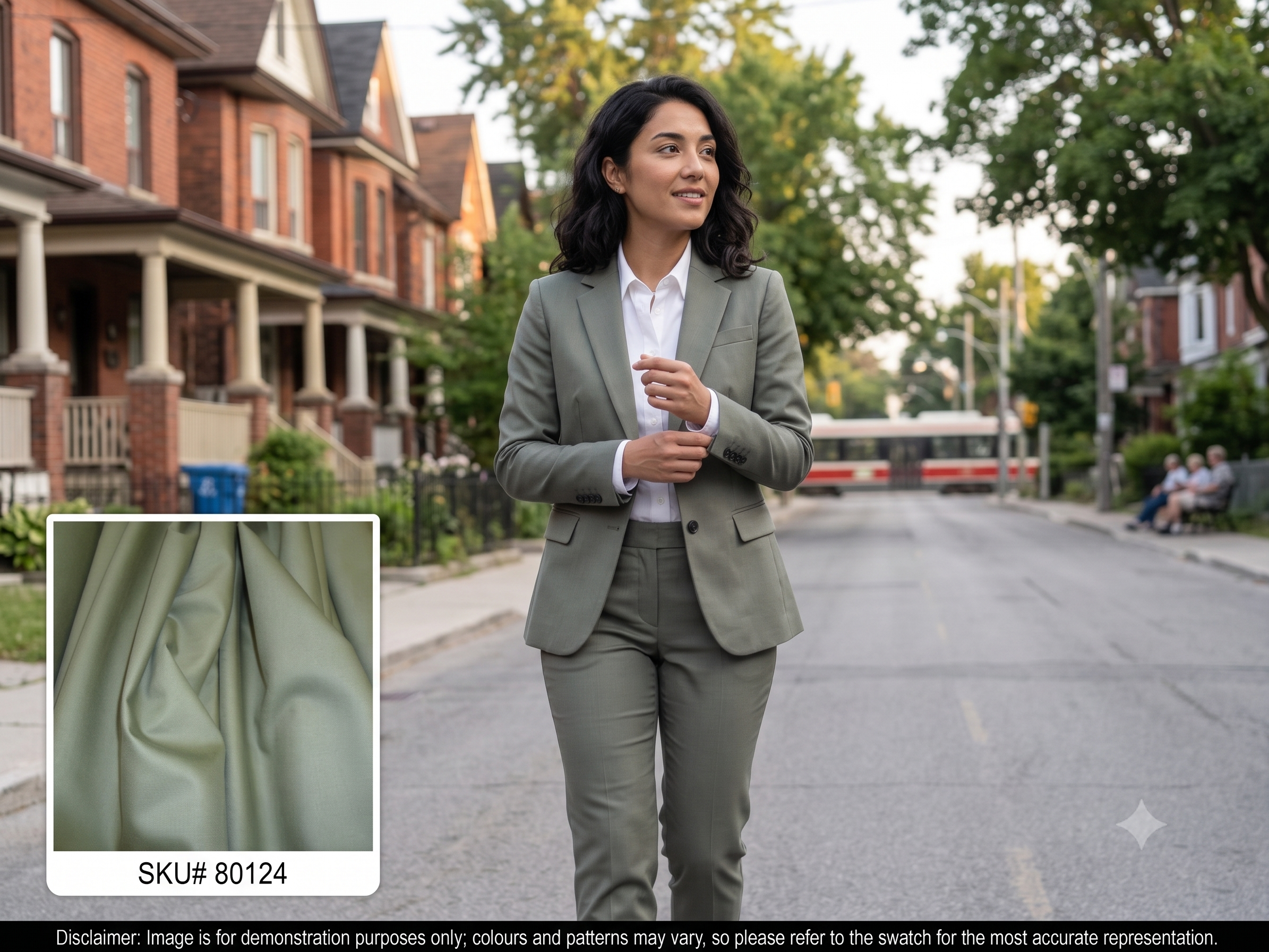 Woman with Olive Green Plain Worsted Wool Suiting