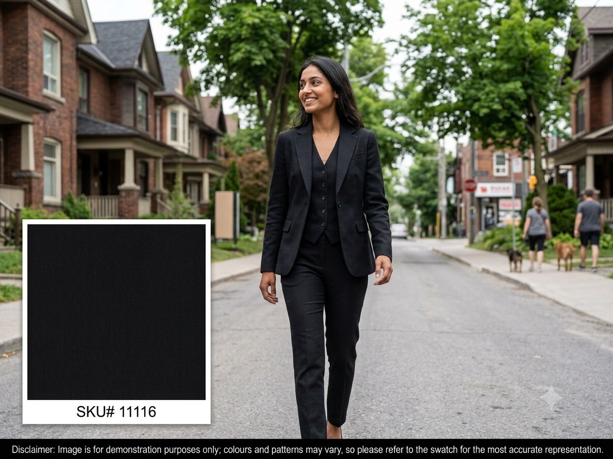 Woman with Solid Black Plain Wool Suiting