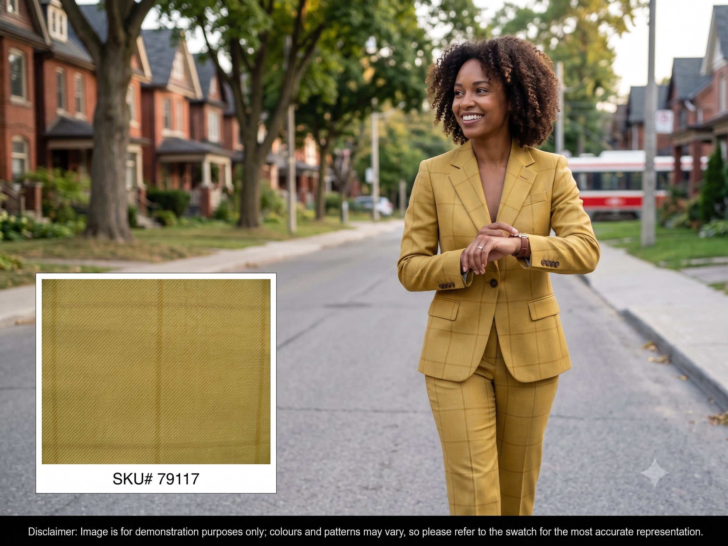 Woman with Yellow Taupe Check Wool Blazer Suiting