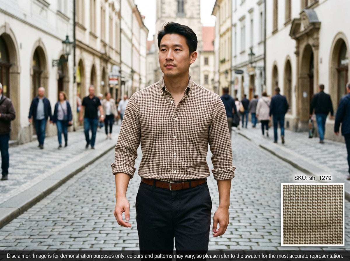 Brown White Houndstooth Cotton Shirting