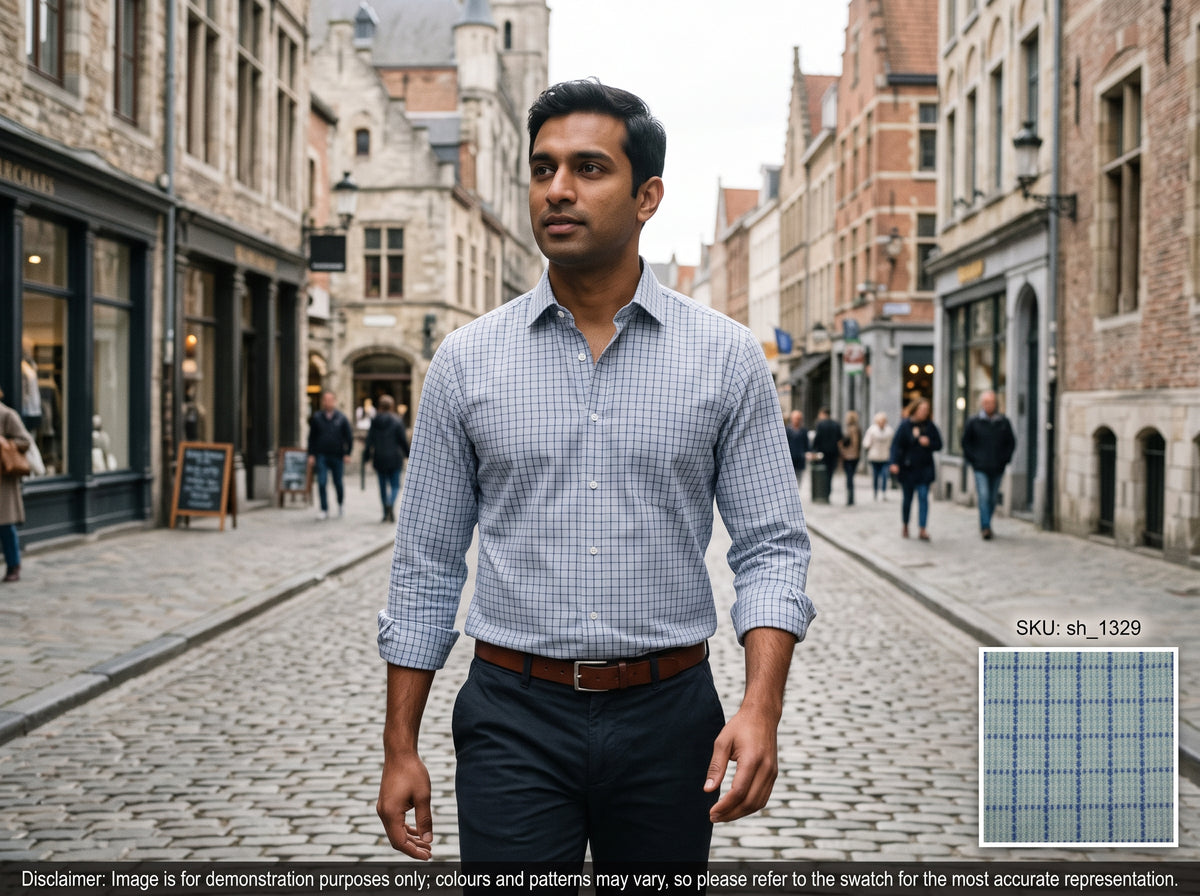 Blue Tonal Check Cotton Shirting