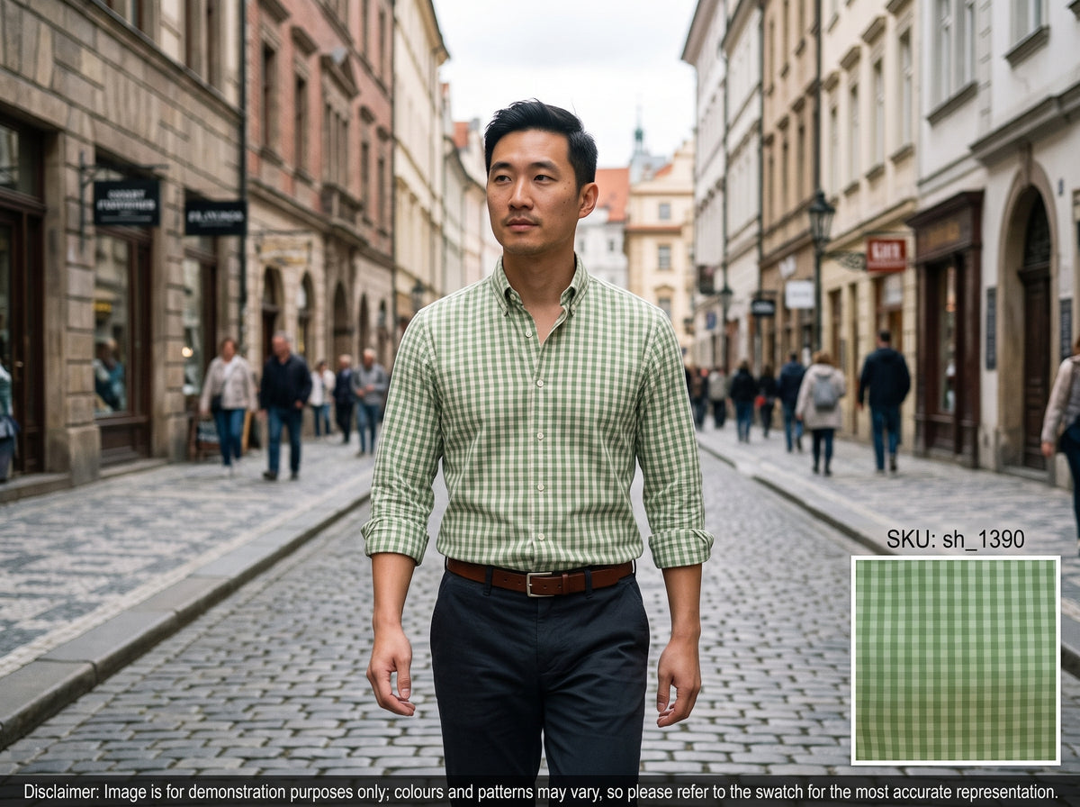 Green White Check Cotton Shirting