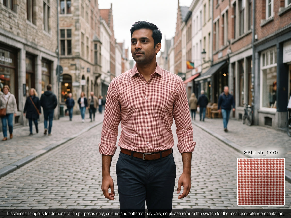 Burnt Red White Houndstooth Cotton Shirting