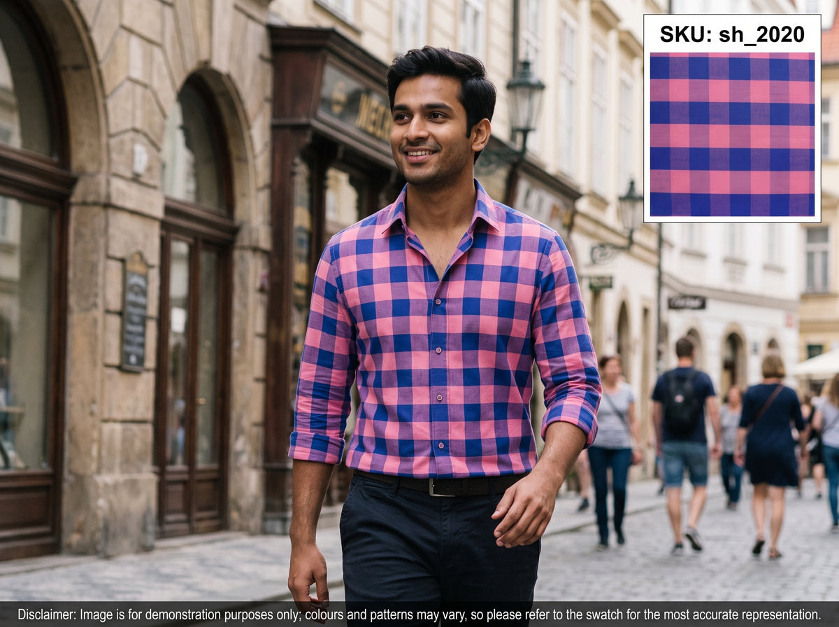 Blue Pink Check Egyptian Cotton Shirting