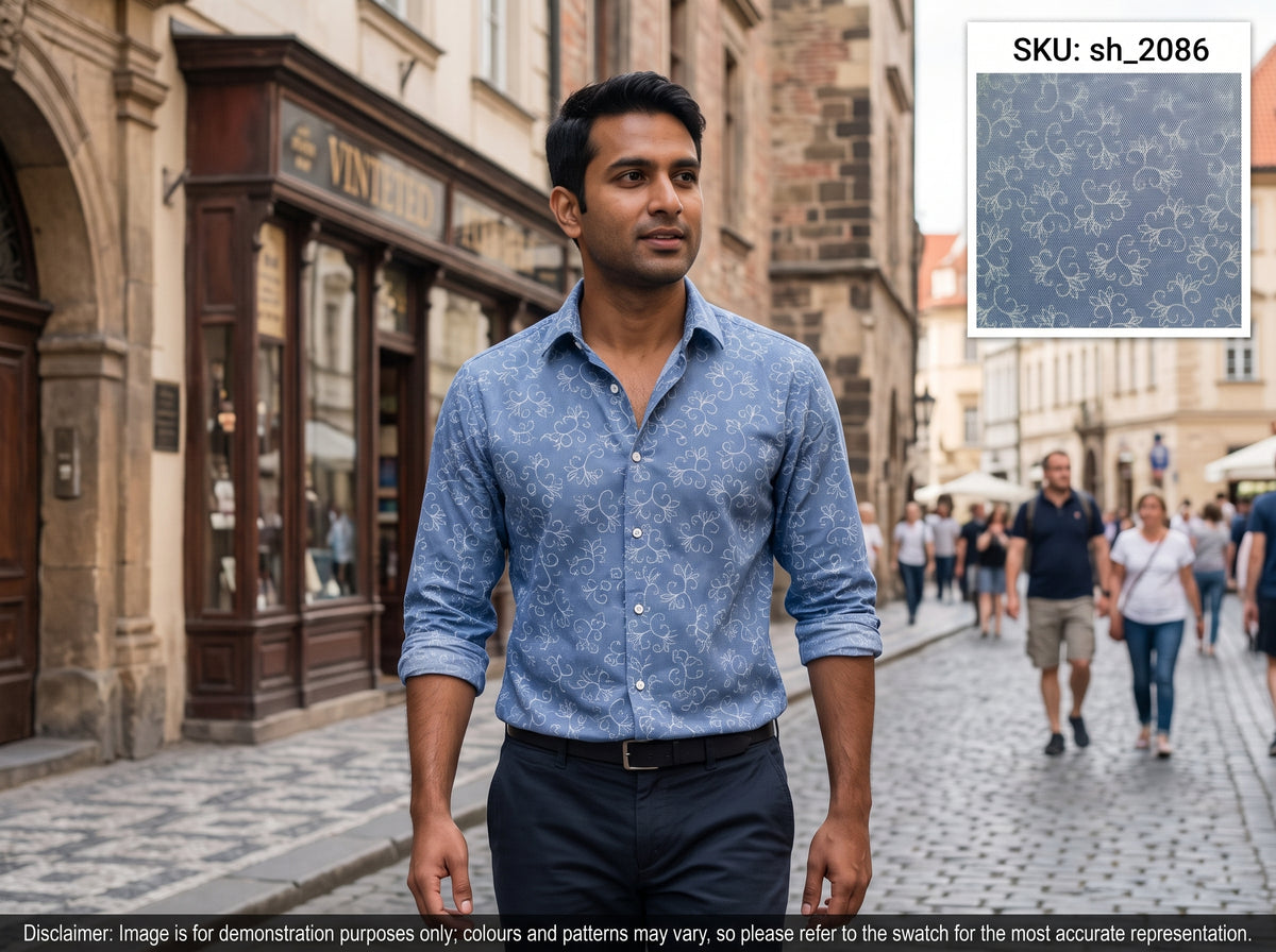 Blue White Floral Egyptian Cotton Shirting