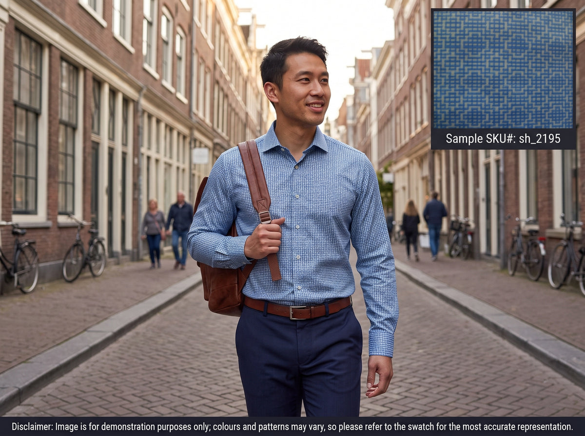 French Blue White Geometric Cotton Shirting