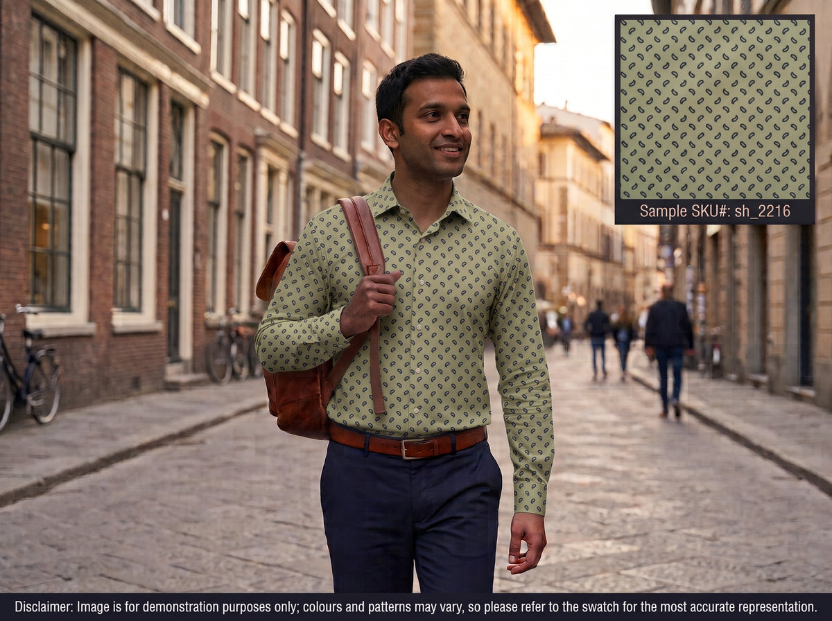 Beige Dark Blue Paisley Cotton Shirting