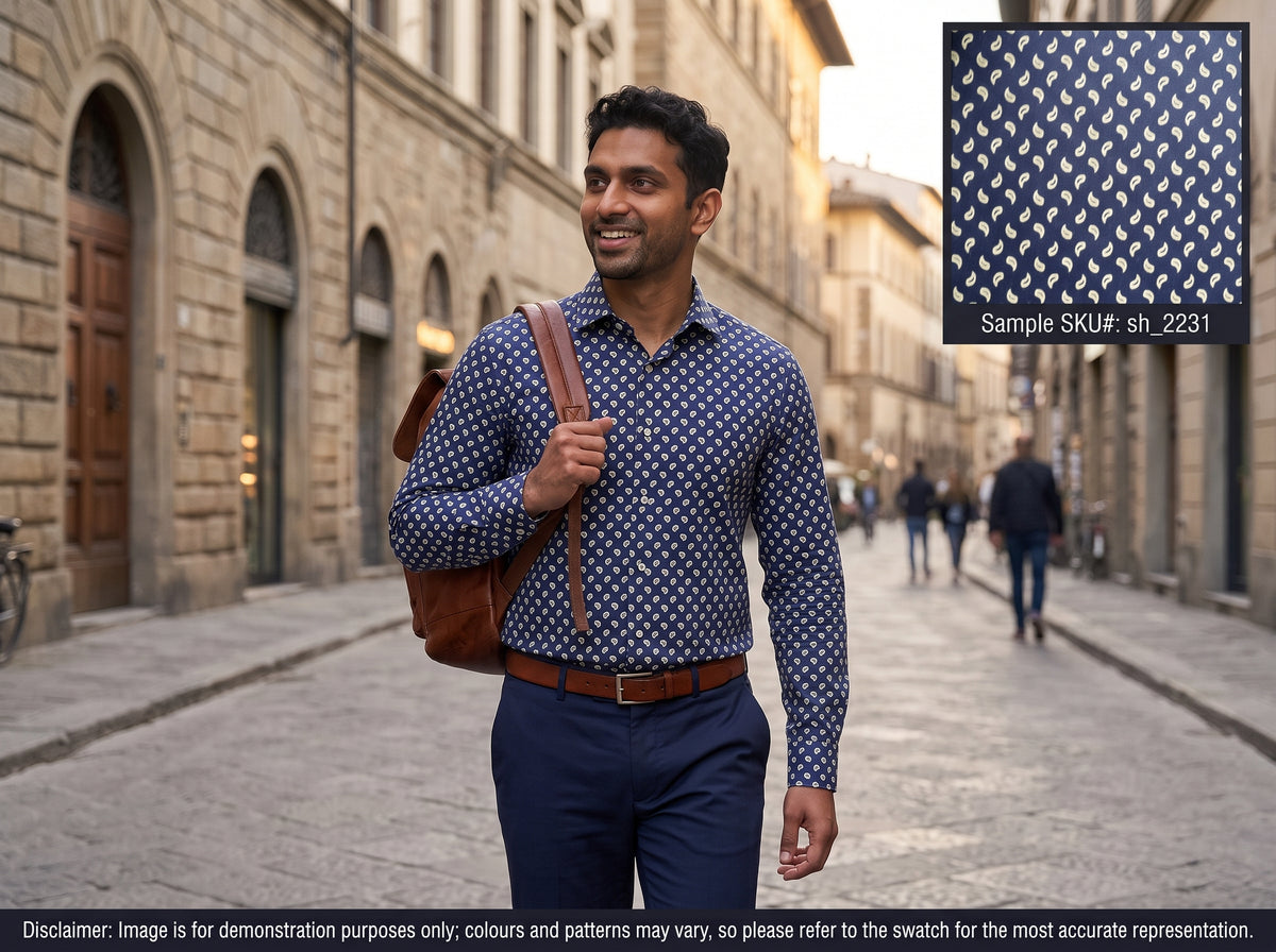 Navy White Paisley Cotton Shirting