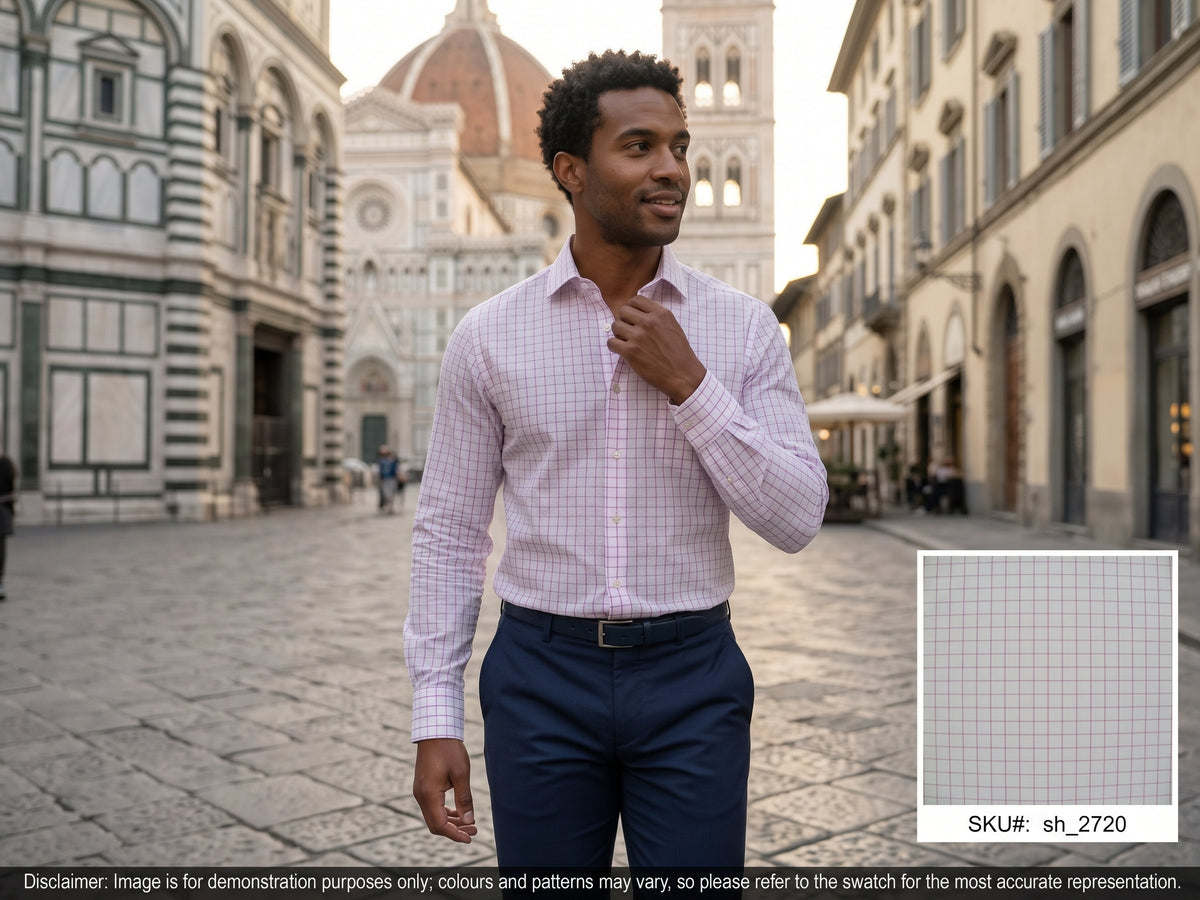 Grey Pink Check Cotton Shirting