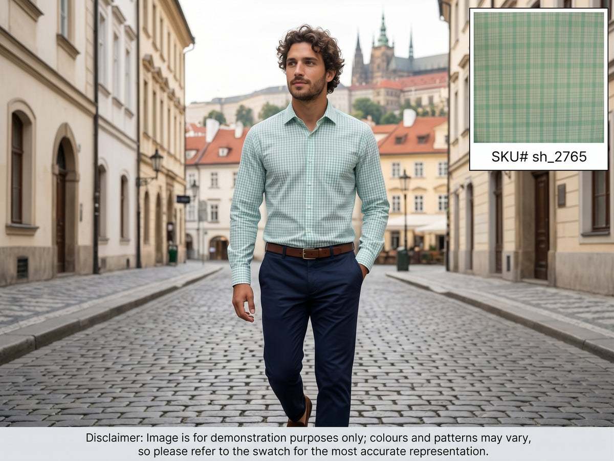 Green White Check Cotton Shirting