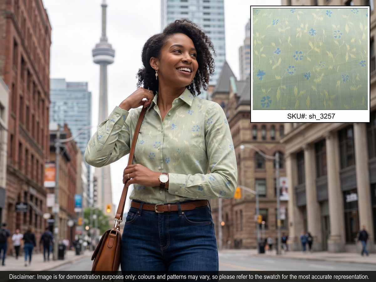 Blue Green Floral Linen Cotton Shirting