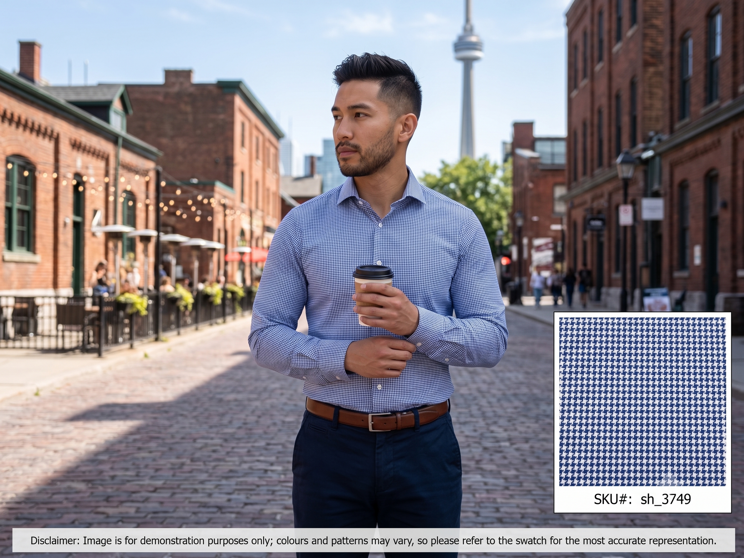 Man with Blue White Houndstooth Cotton Dresses Shirting