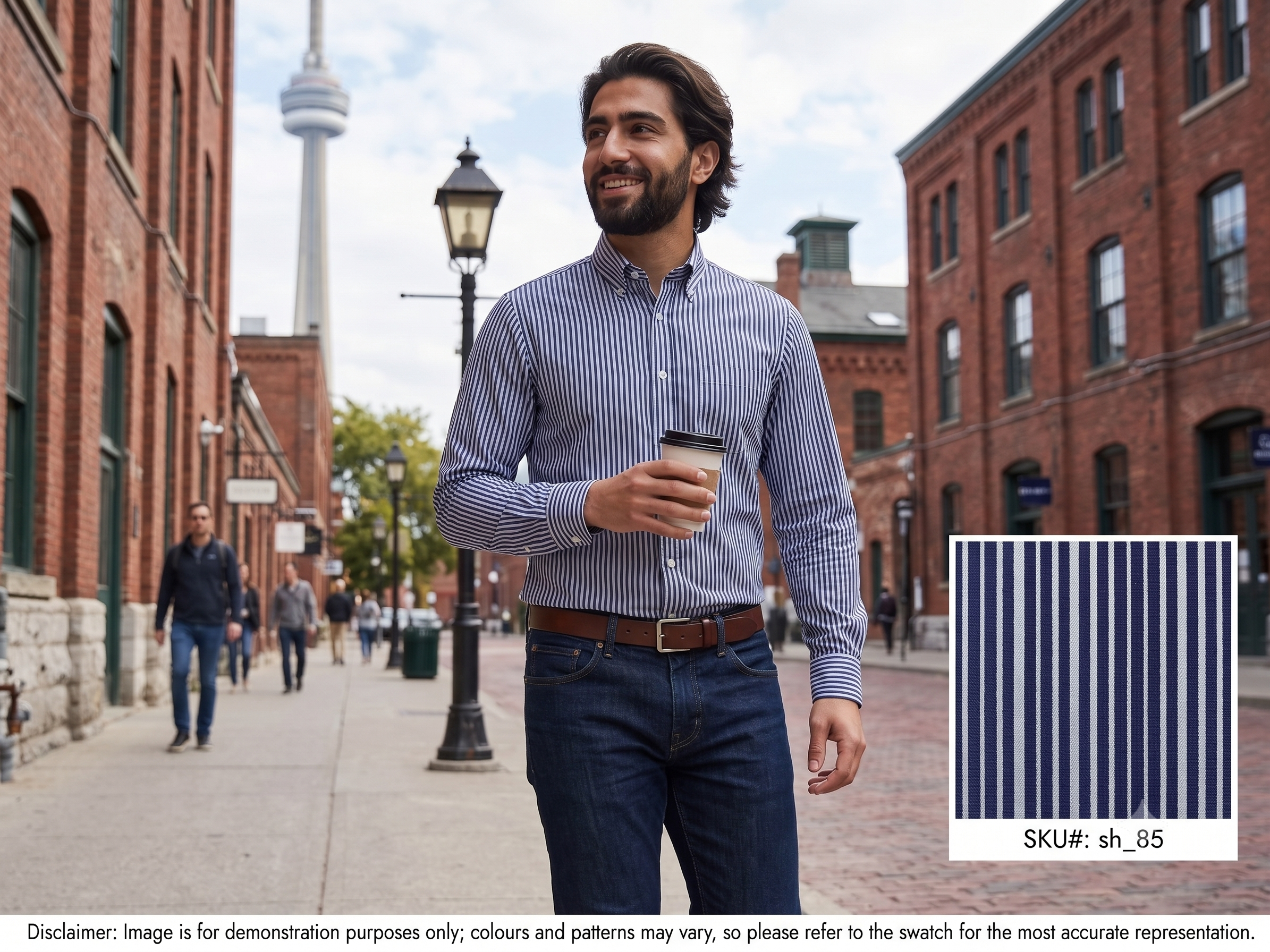 Man with Cream Navy Stripe Egyptian Cotton Shirting