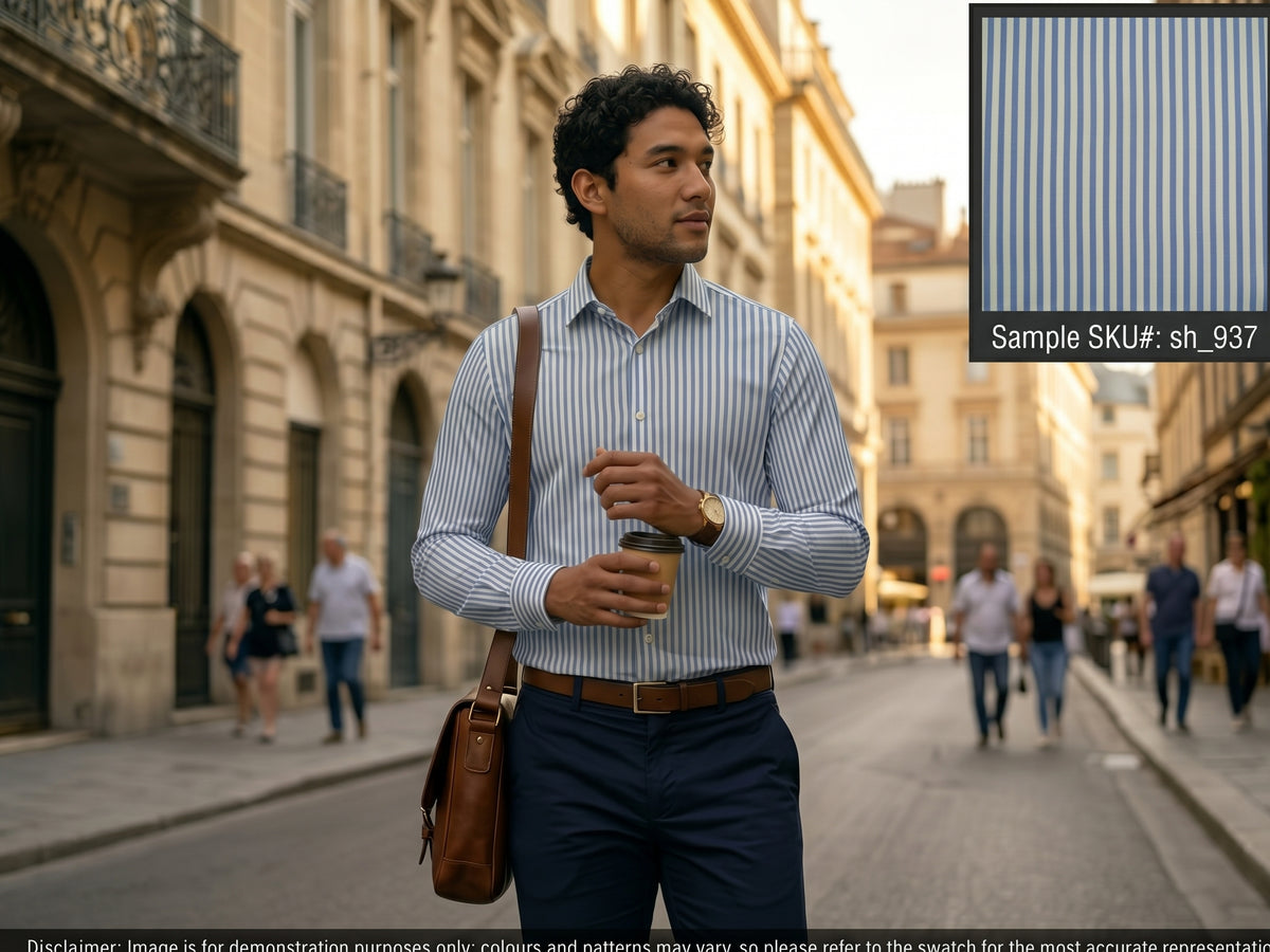 French Blue White Bengal Stripe Cotton Shirting