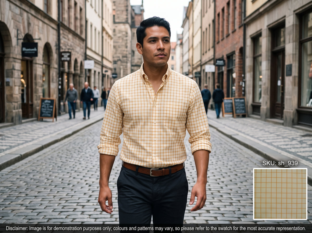 Sunset Orange White Check Egyptian Cotton Shirting
