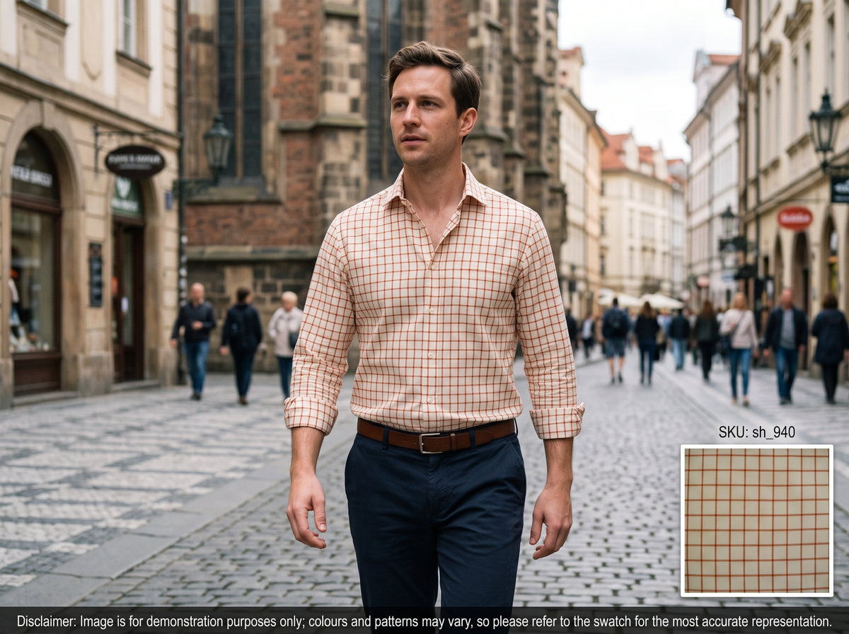 Burnts Orange White Check Egyptian Cotton Shirting