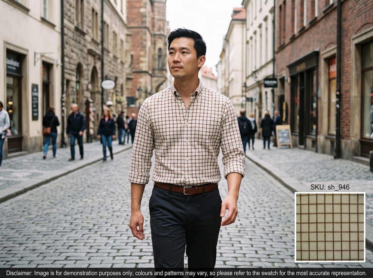 White Brown Micro Check Egyptian Cotton Shirting