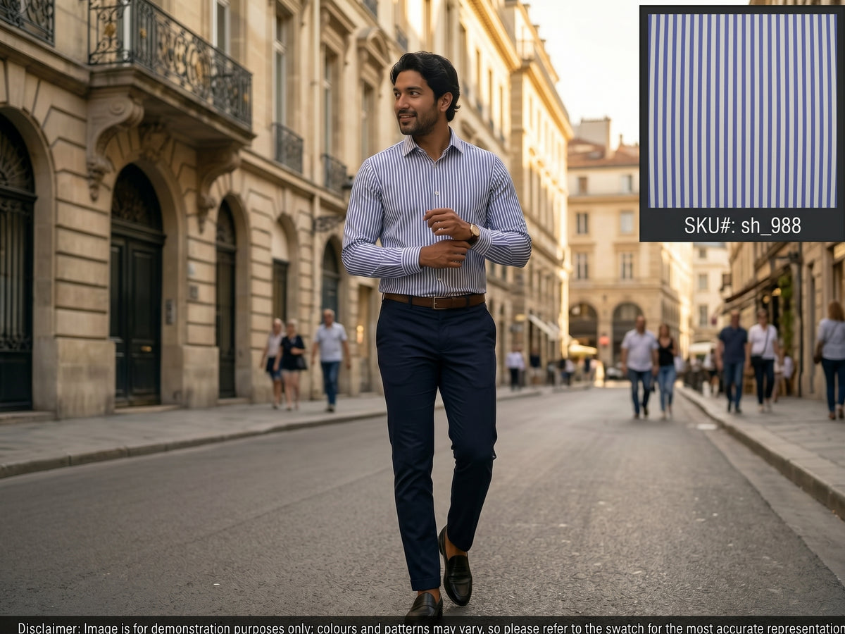French Blue White Stripe Cotton Shirting