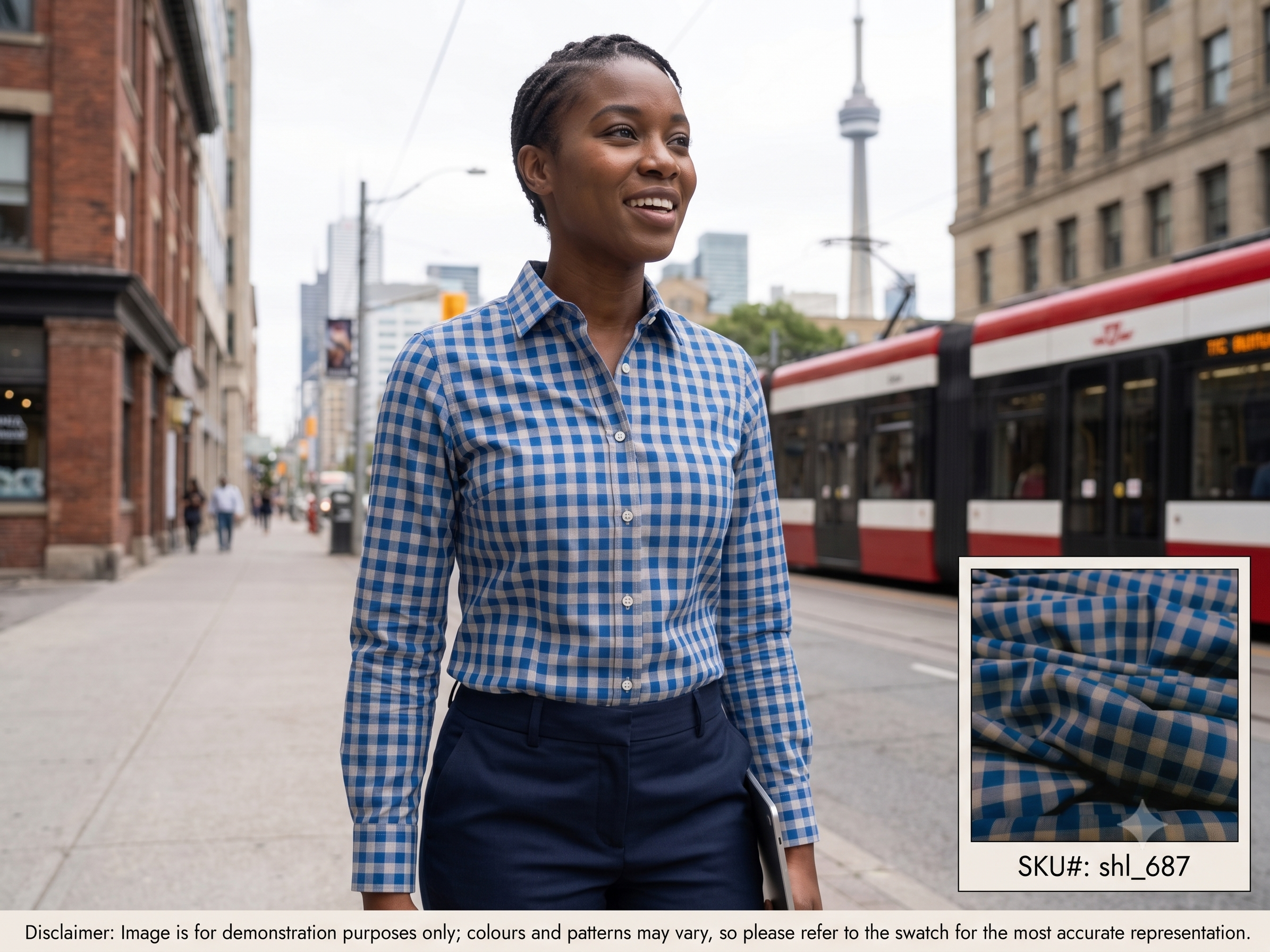 Woman with Blue White Check Egyptian Cotton Shirting