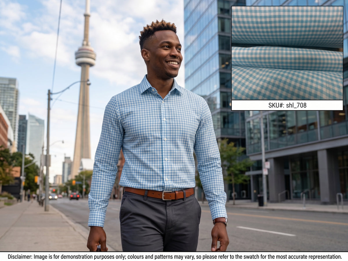 Teal Blue White Check Egyptian Cotton Shirting
